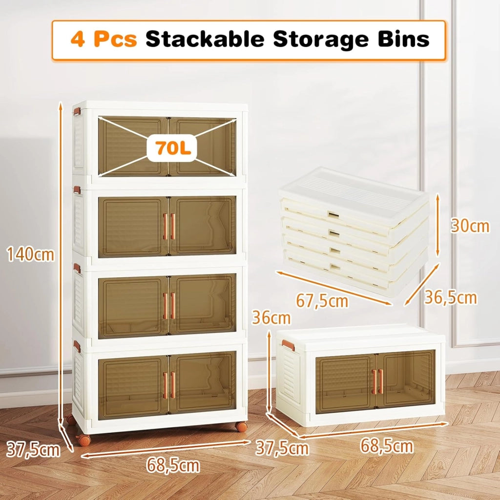 Contenitore Portaoggetti in Plastica Impilabile con Coperchi e Porte, 4 Ruote, per Soggiorno, Camera da Letto, 68,5 x 37,5 x 140 cm, Bianco e Marrone