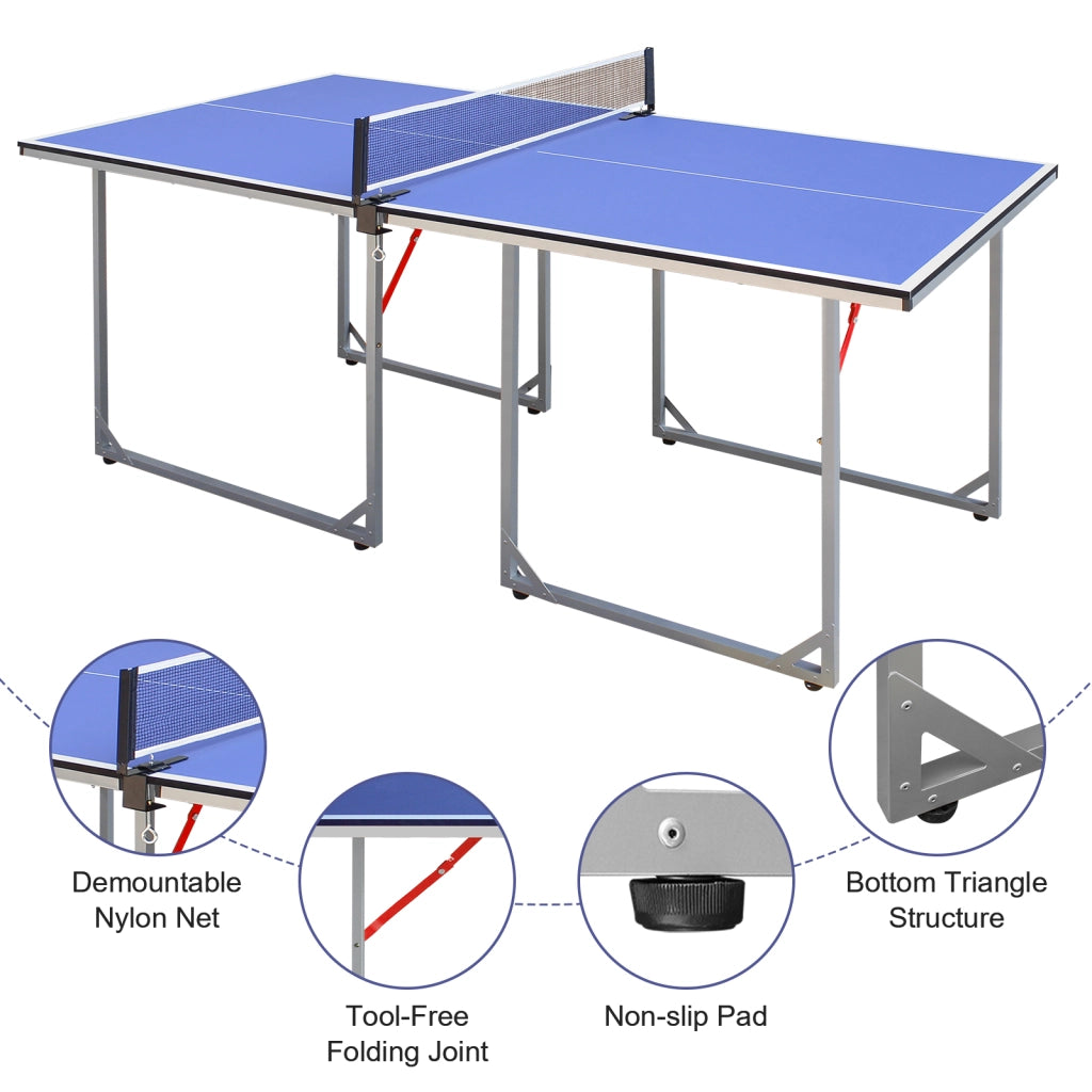 Tavolo da ping pong pieghevole 182 x 91 cm blu, MDF e struttura in acciaio, set completo con rete, 2 racchette e 3 palline