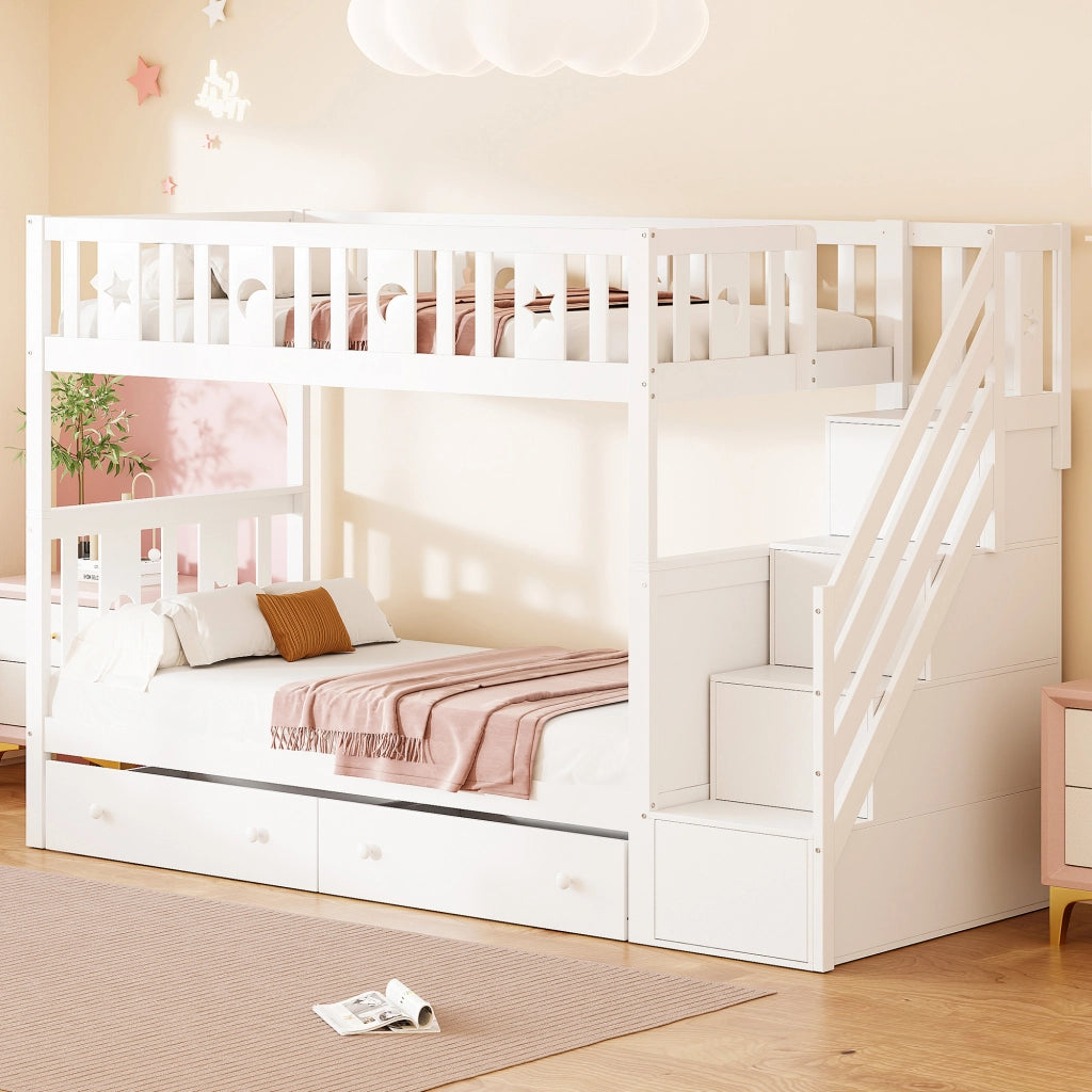 LETTO a castello 90x200 cm bianco con scala contenitore e 2 cassetti
