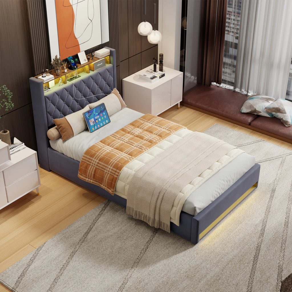 Letto Imbottito 140x200 cm Grigio Scuro in Velluto con Rete a Doghe