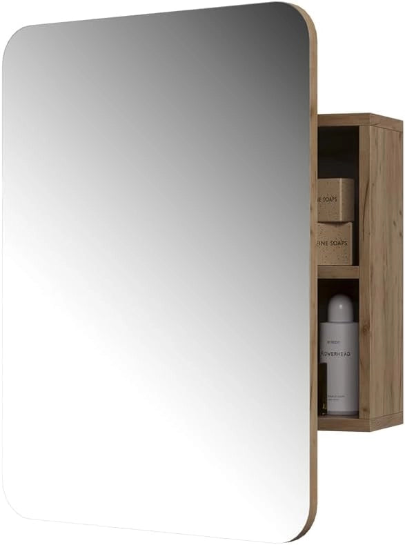 Specchio contenitore bagno Zino, Quercia dorata, 65 x 50 cm con ripiani