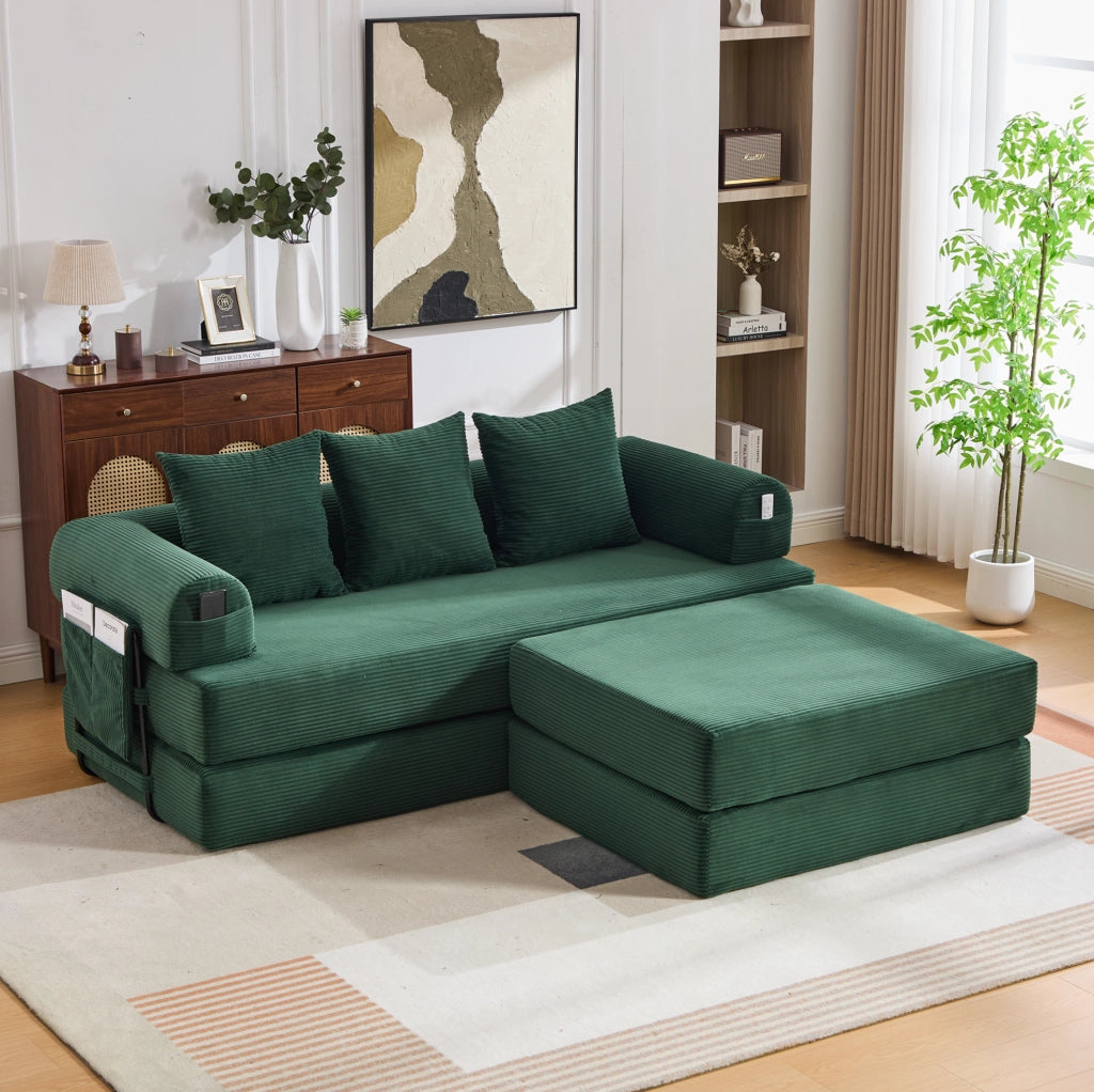 Divano modulare in corduroy con pouf; 200x190x67 cm; verde smeraldo