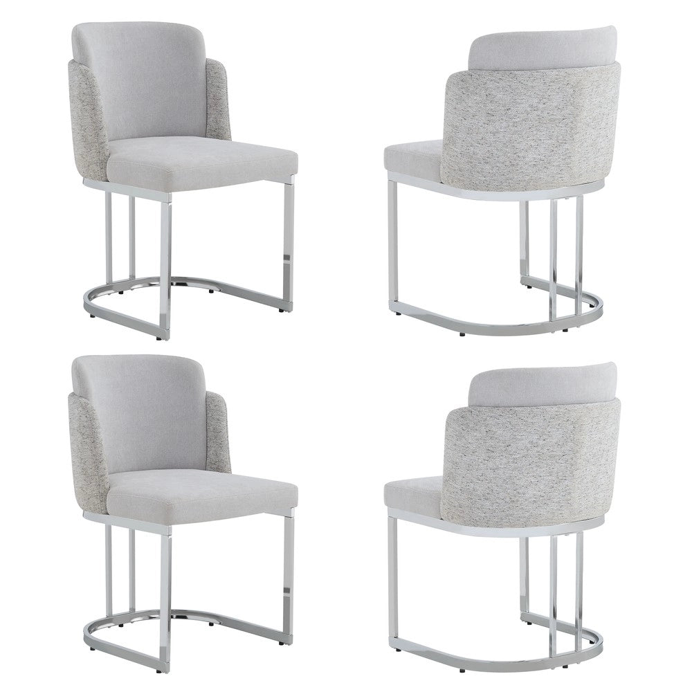 Set 4 Sedie da Pranzo ¨C Minimal ¨C Tessuto Chenille Grigio Chiaro Gambe Metallo Argento Stile Moderno