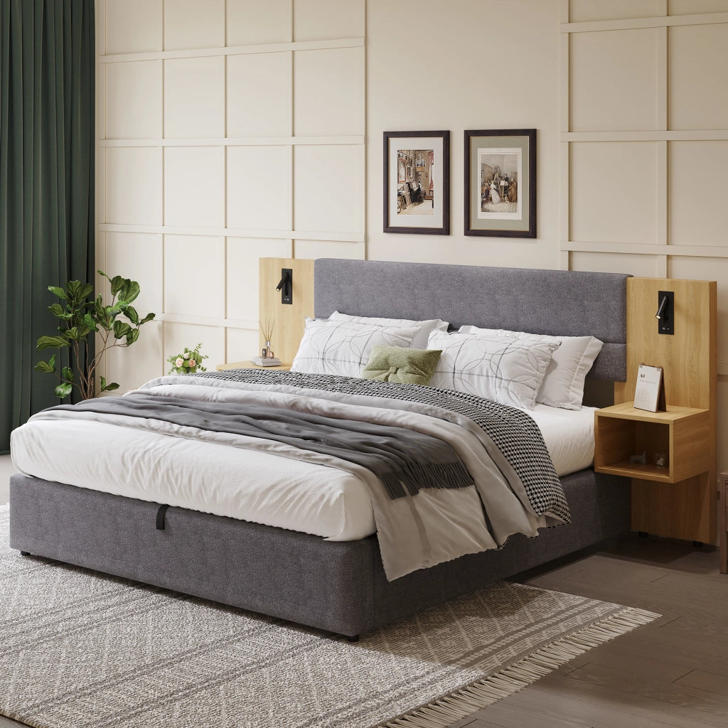OKWISH Letto Contenitore 160×200 cm, Letto Matrimoniale con USB, Tipo C, Illuminazione e 2 Comodini, senza Materasso, in Velluto, Grigio e Naturale