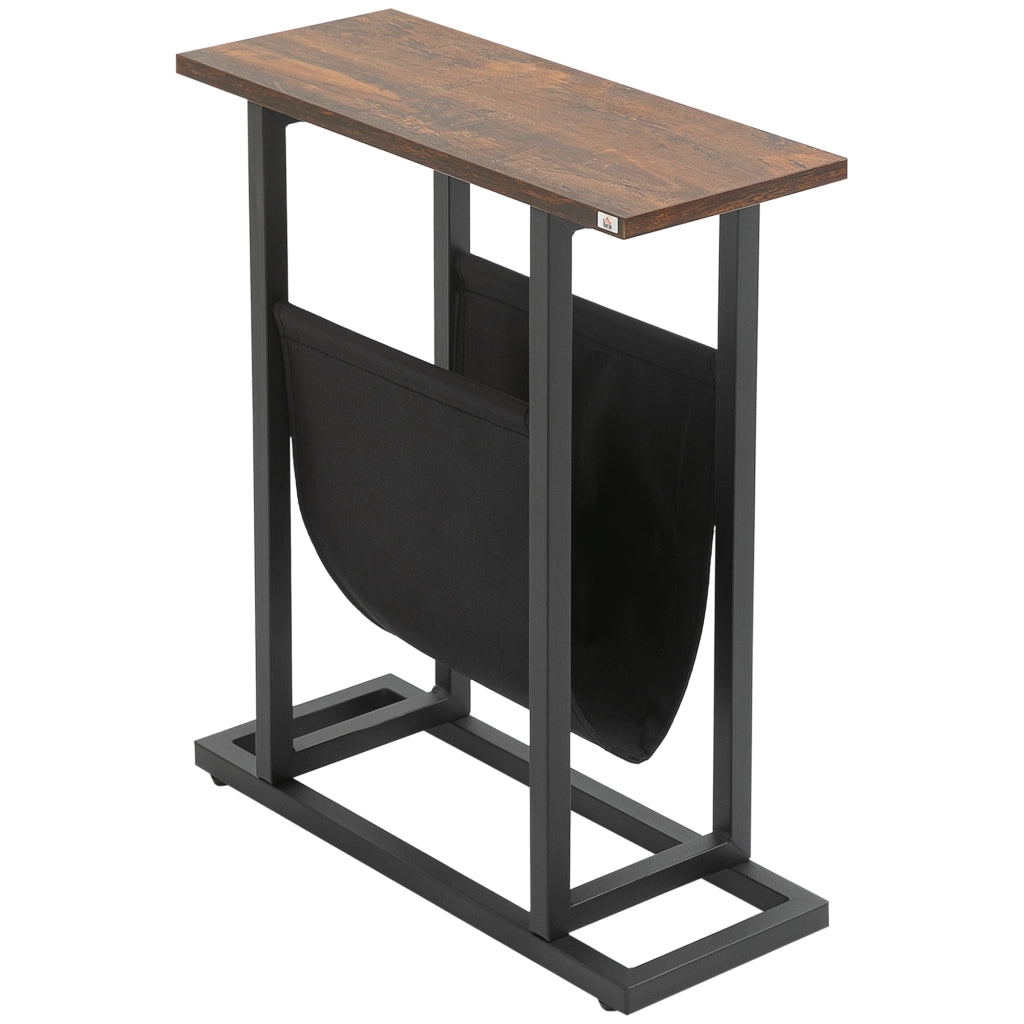 Tavolino da divano compatto con tasca in tessuto e struttura in acciaio marrone scuro e nero 49 × 19 × 55 cm