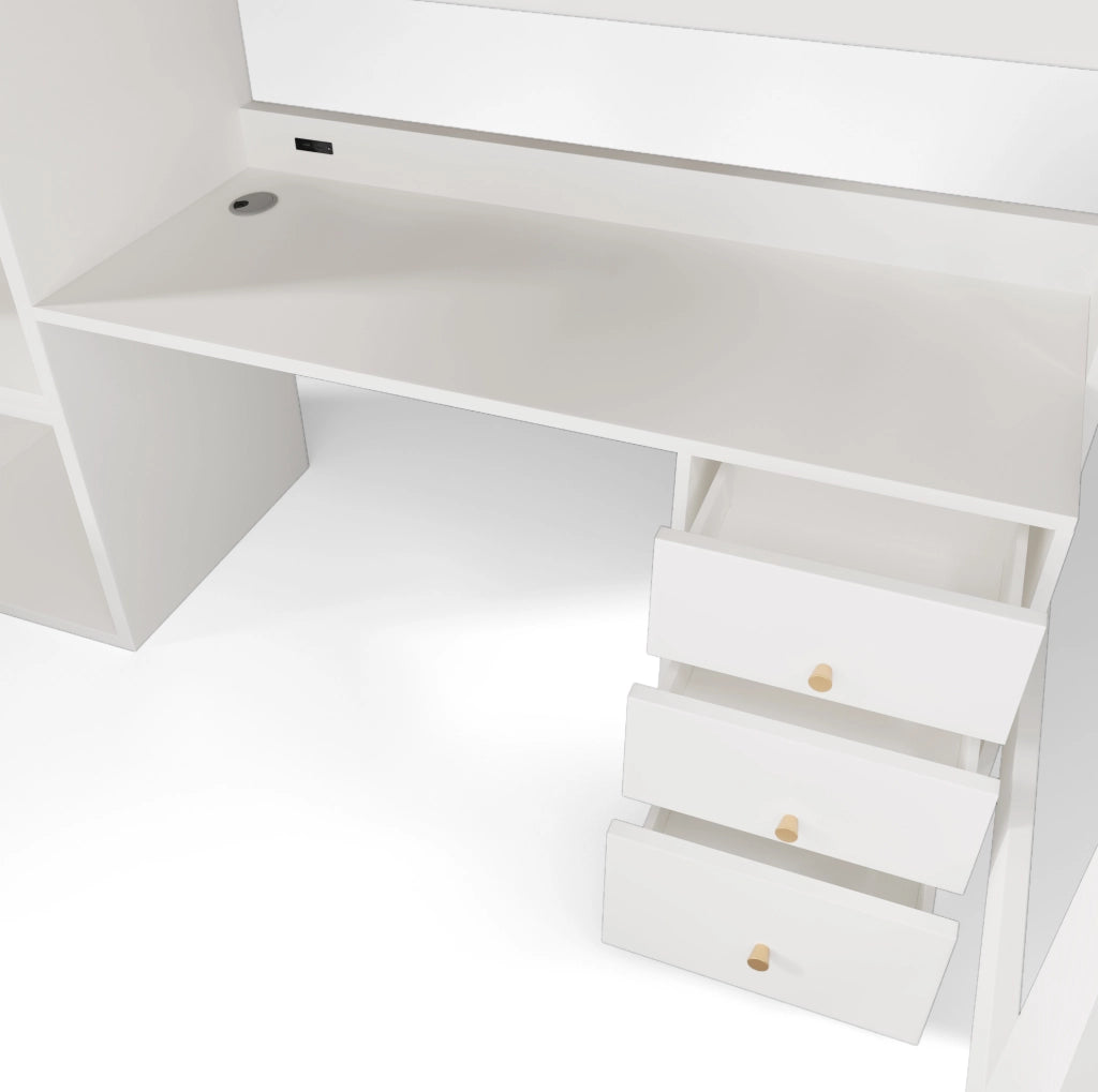 Letto a soppalco 90x200 cm bianco con scrivania USB-C, armadio e scaffali