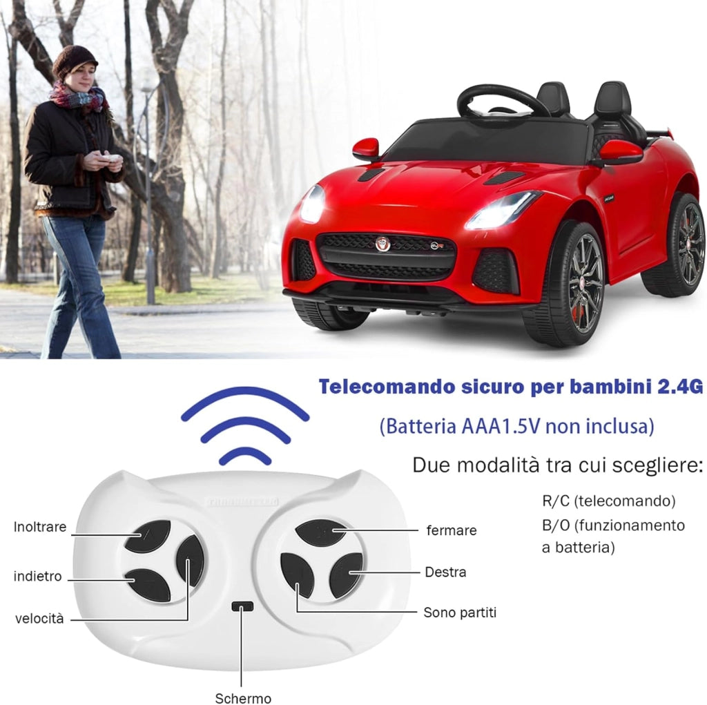 Jaguar Auto Elettrico 12 V per Bambini, Macchina Elettrica con Telecomando, con Luci Musica Storia, Avvio Lento, Velocità 3-5 km/h (Rosso)