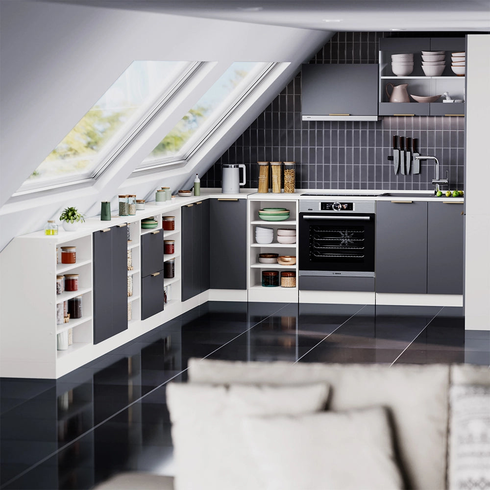 Mobile cucina sottotetto R-Line Antracite-oro/Bianco 60 cm con 2 cassetti, carcassa 60 cm profondità Vicco