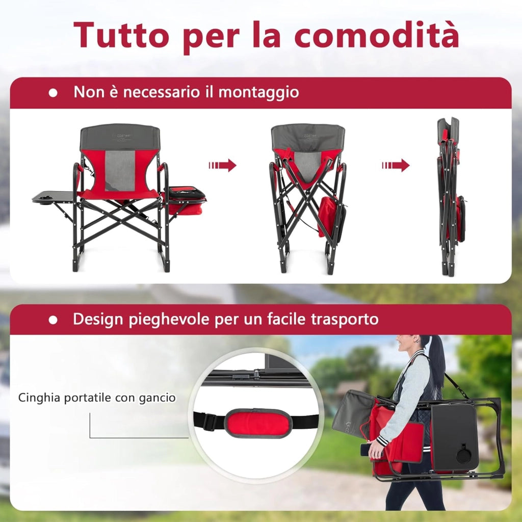 Sedia da Campeggio Pieghevole, Sedia da Regista Robusta con Tavolino, Borsa Frigo, Borsa Portaoggetti e Cinghia, Portata 180 kg, per Campeggio Escursione Pesca Picnic (Rosso)