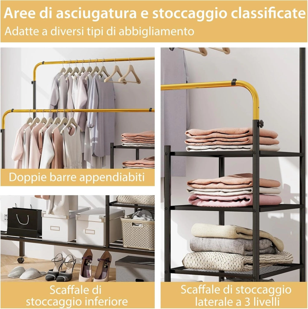 Stand Appendiabiti a Doppia Asta, con Barre Appendiabiti Regolabili in Altezza, Ripiani per Riporre e Ruote Bloccabili, Appendiabiti in Acciaio per Uso Interno ed Esterno(Nero+Oro)