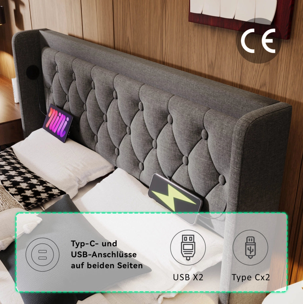 Letto contenitore grigio 160 x 200 cm con materasso e LED