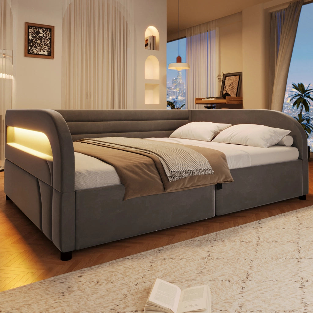 Letto imbottito con contenitore idraulico e LED, 140x200 cm, grigio