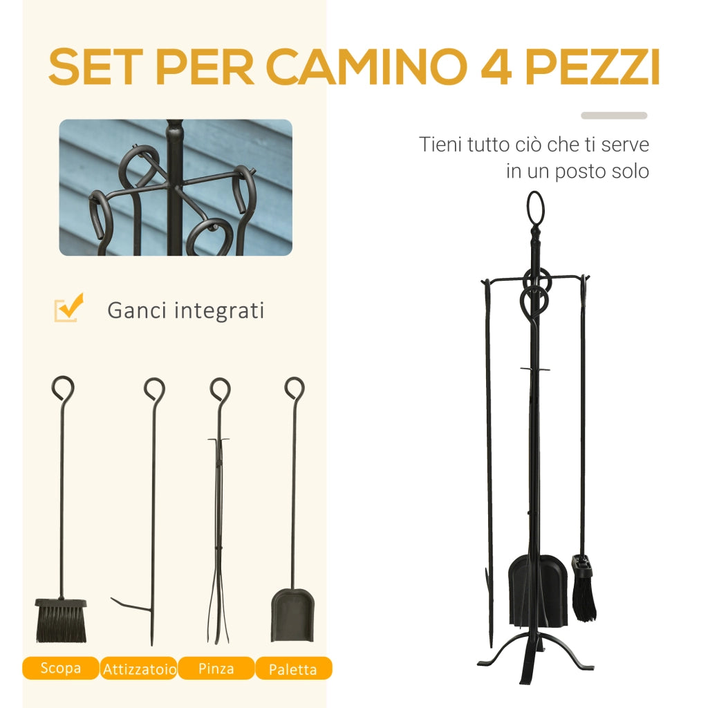 Easycomfort Set 5 Attrezzi per Camino Base con Attizzatoio, Pinza, Paletta e Scopa 20x20x82.5cm, Nero