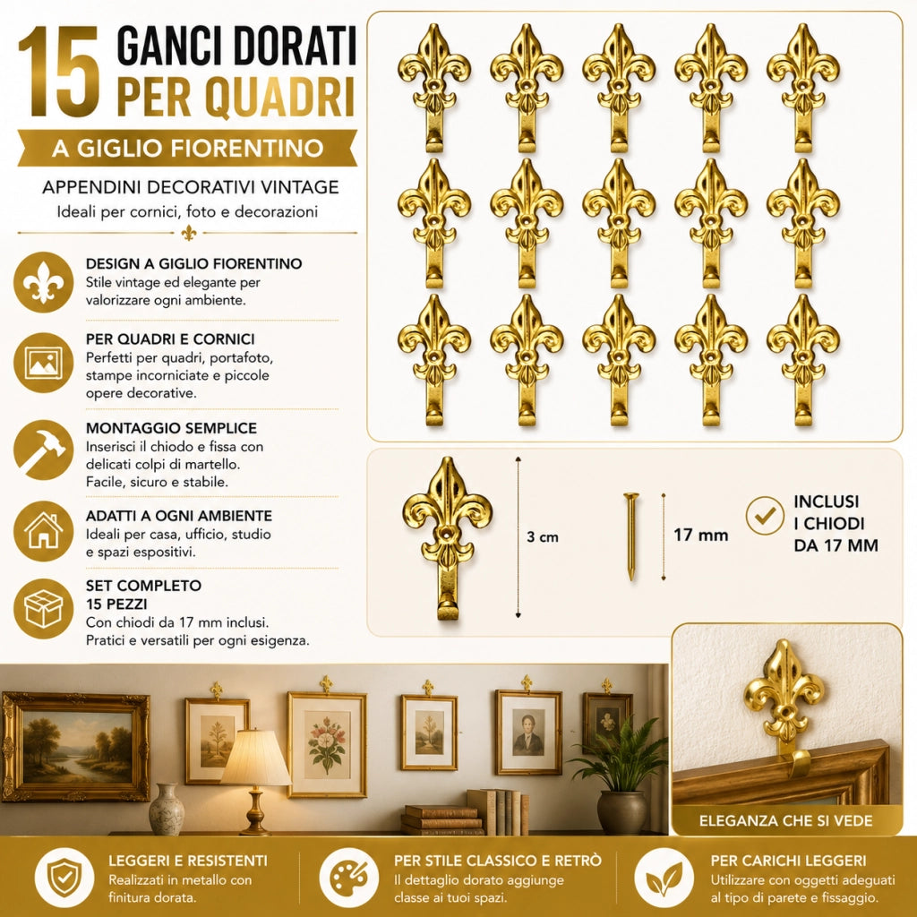 15 Ganci Dorati Quadri Giglio Fiorentino 3 cm con Chiodi 68241