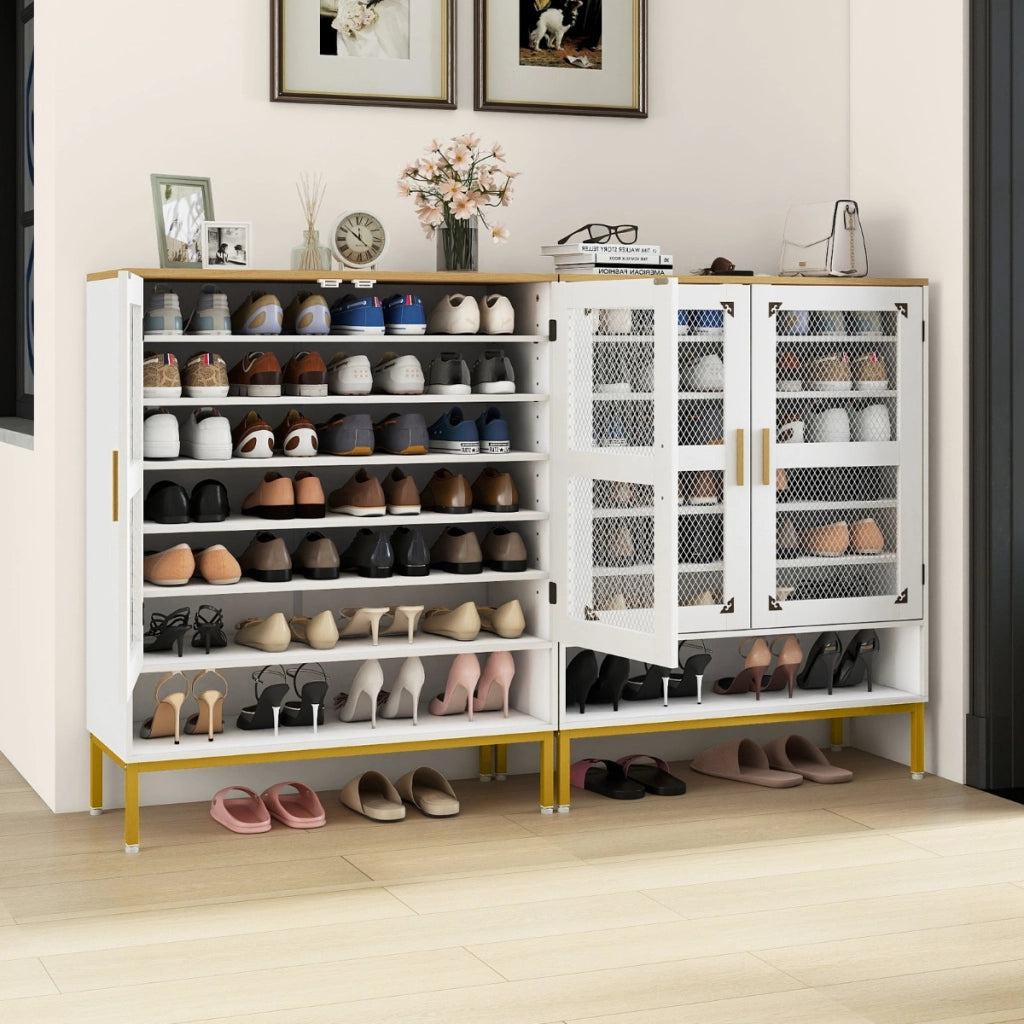 Armadio porta scarpe in legno con ripiani regolabili e gambe in metallo, Armadio porta scarpe a 7 livelli con porte in rete Bianco-Scarpiere