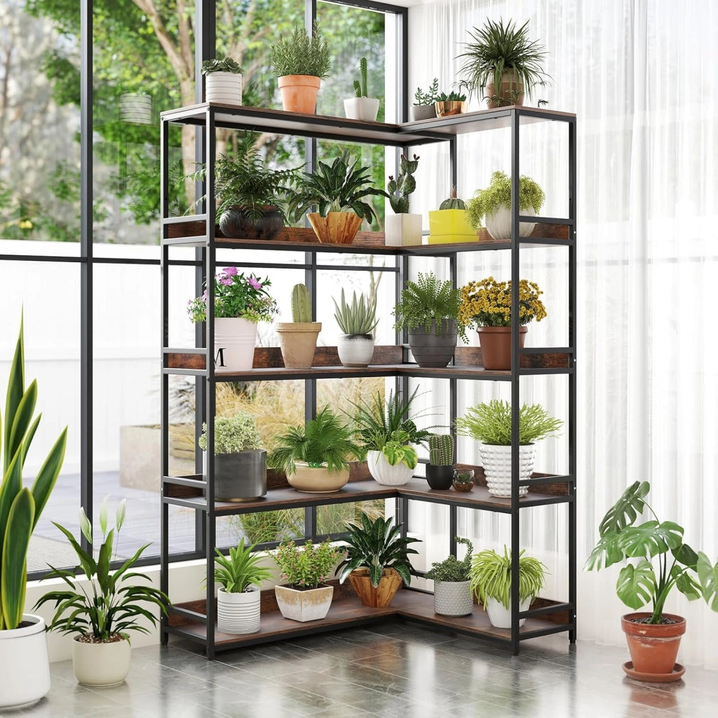 Scaffale multifunzionale a 5 livelli, libreria a forma di L con struttura in metallo resistente, ripiani aperti con bordi rialzati, 110 x 89 x 180 cm, per soggiorno, ufficio