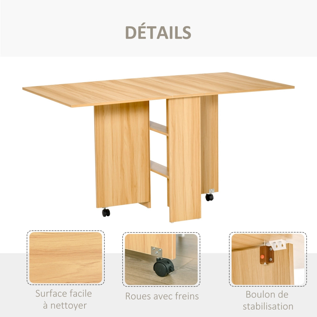 Tavolo pieghevole da pranzo e cucina con ruote e ripiani ¨C zephmum ¨C 80x140x74 cm legno naturale