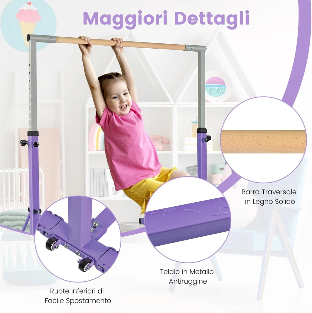 Barra per Ginnastica e Danza per Bambini e Bambine Pieghevole e Portatile, Sbarra Parallela in Metallo e Legno con 13 Altezze Regolabili, Ruote e Cuscinetti Antiscivolo, Portata 100 kg