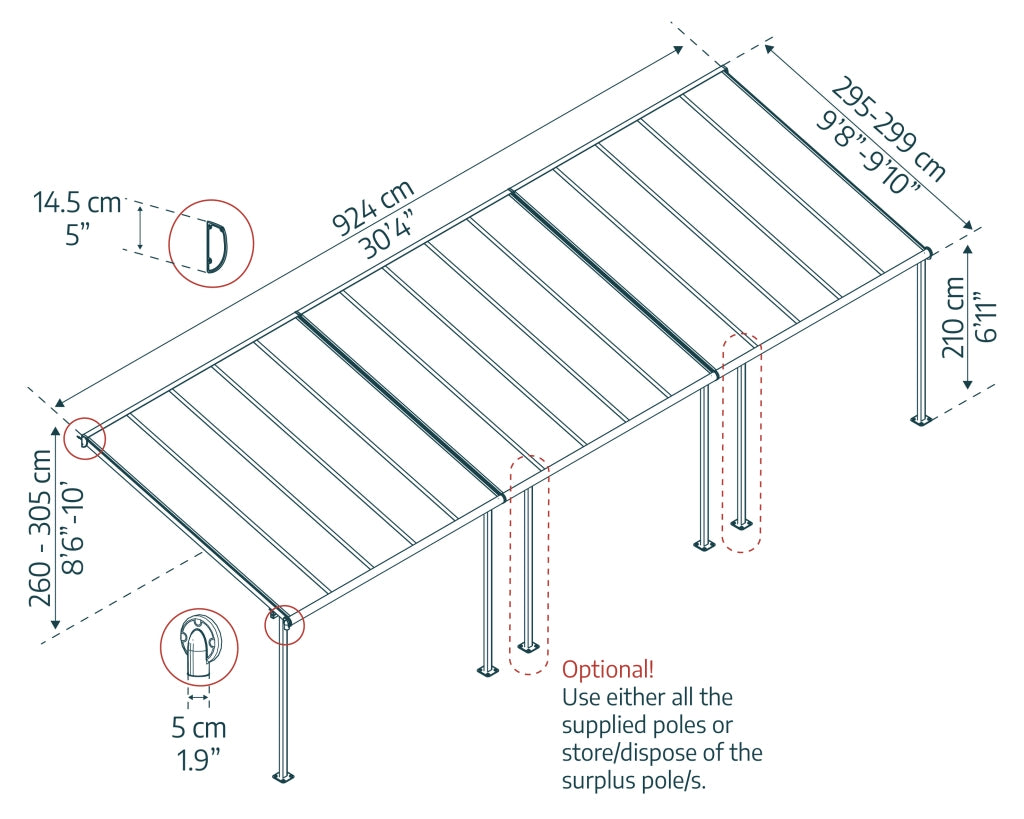 Pergola Sierra Addossata in Alluminio  3X9.2 m Grigio
