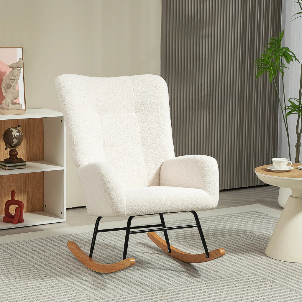 Poltrona a dondolo in tessuto boucl¨¦ ¨C zephmum ¨C crema con gambe in legno