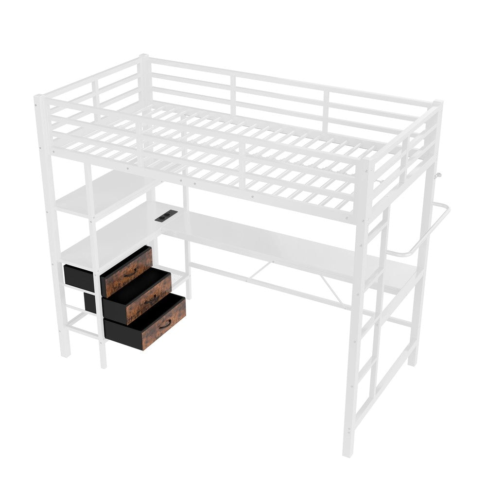 Letto a Soppalco con Scrivania, LED, Cassetti e Rete a Doghe ¨C MINIMAL ¨C Bianco 90x200