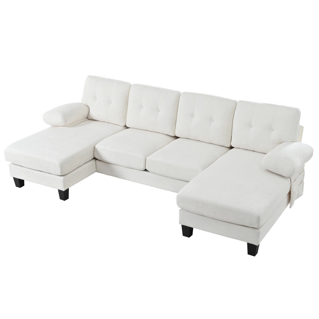 Divano angolare 4 posti con chaise longue e braccioli rimovibili; in chenille beige