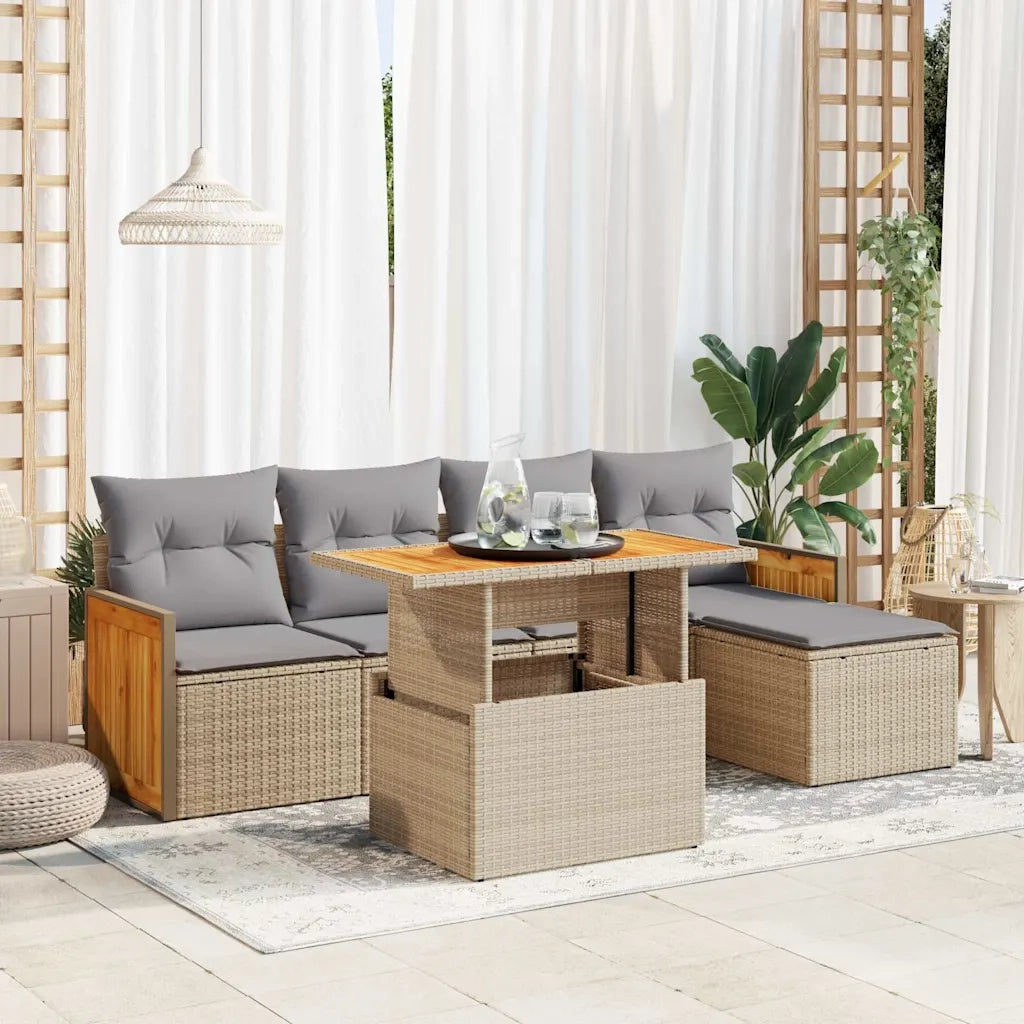 Set Divano da Giardino 6 pz con Cuscini Beige Polyrattan Acacia 3327699