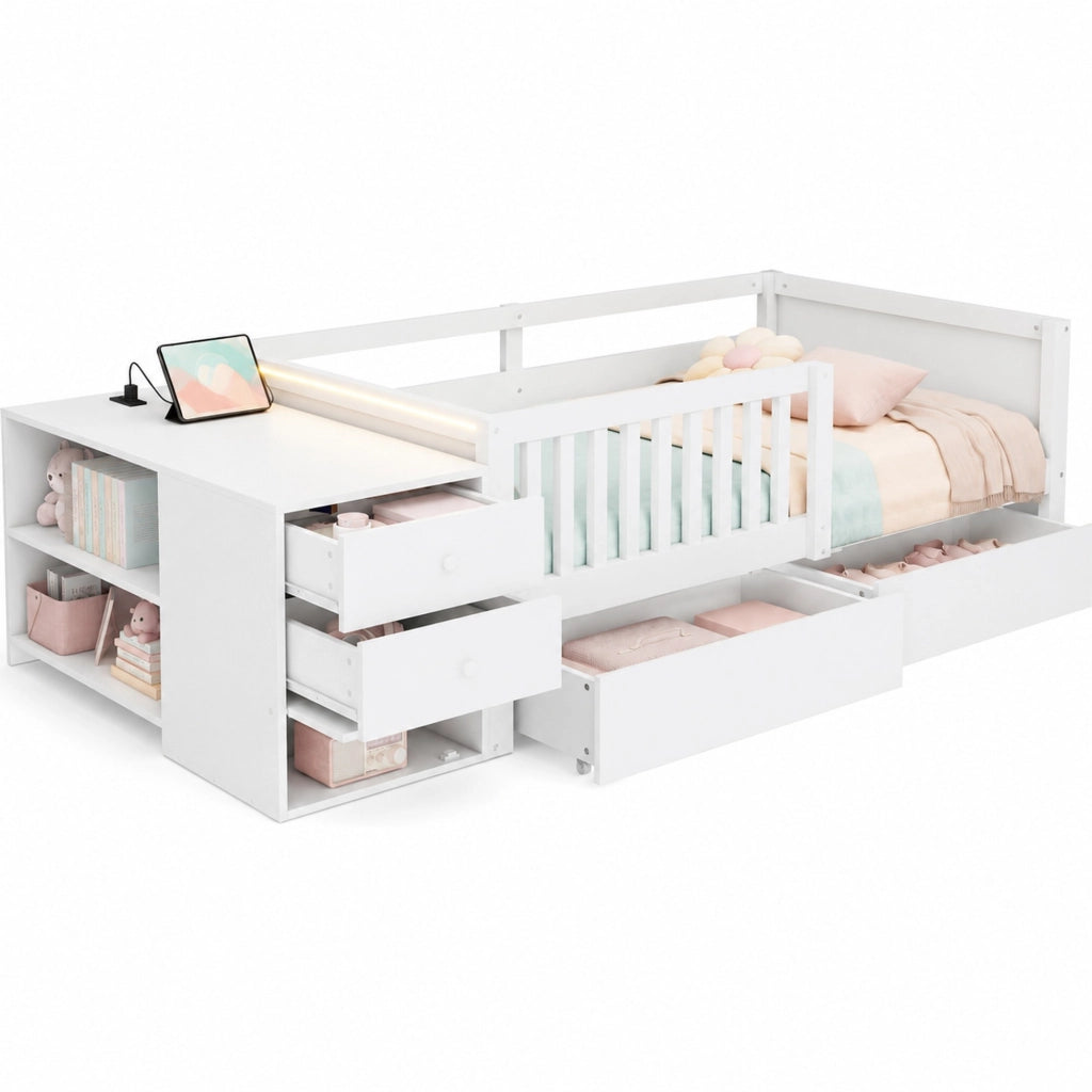 Letto a soppalco 90x200 cm con contenitore separato; LED; presa e 2 cassetti; Bianco