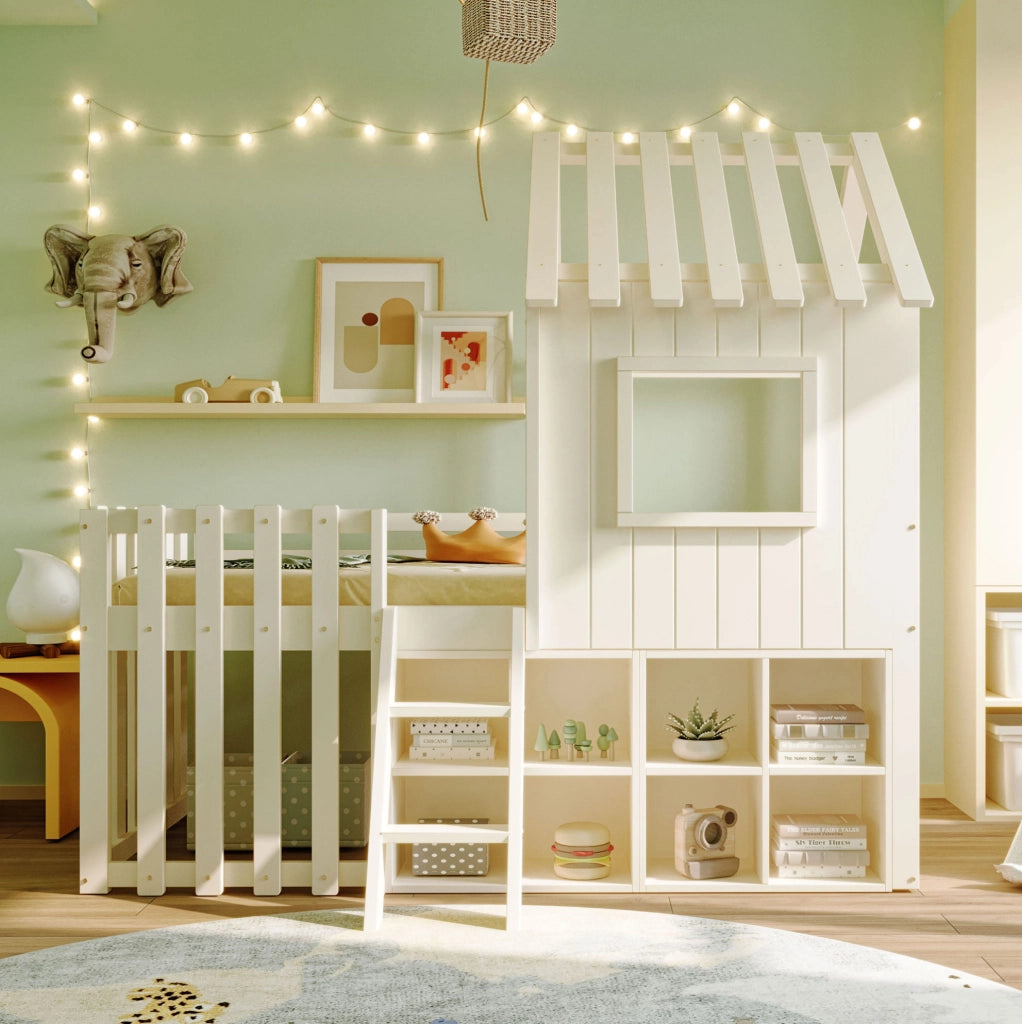 Letto per bambini 90x200 cm con tetto; finestre e vani portaoggetti in legno