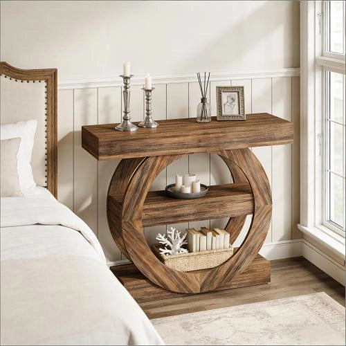 consolle rustica a tre ripiani aperti in legno marrone rustico per soggiorno e ingresso 105 × 30 × 85 cm