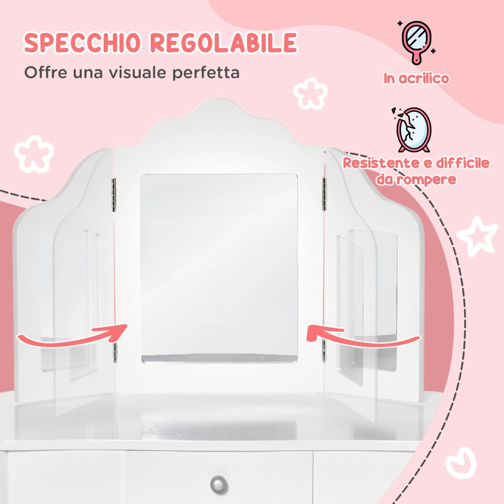 Tavolo da trucco per bambini con sgabello e specchio ¨C zephmum ¨C Legno, acrilico, bianco, 63x40x85.5 cm