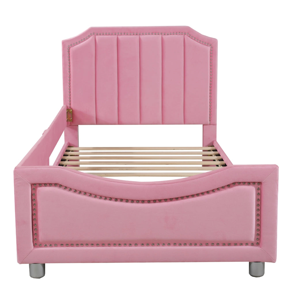 Letto imbottito per bambini 90x200 cm con schienale e braccioli in flanella rosa