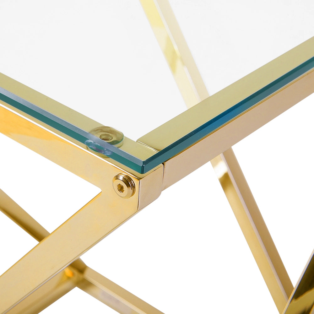 Tavolino dorato Struttura In Acciaio Vetro Piano Quadrato Geometrico Glam Design
