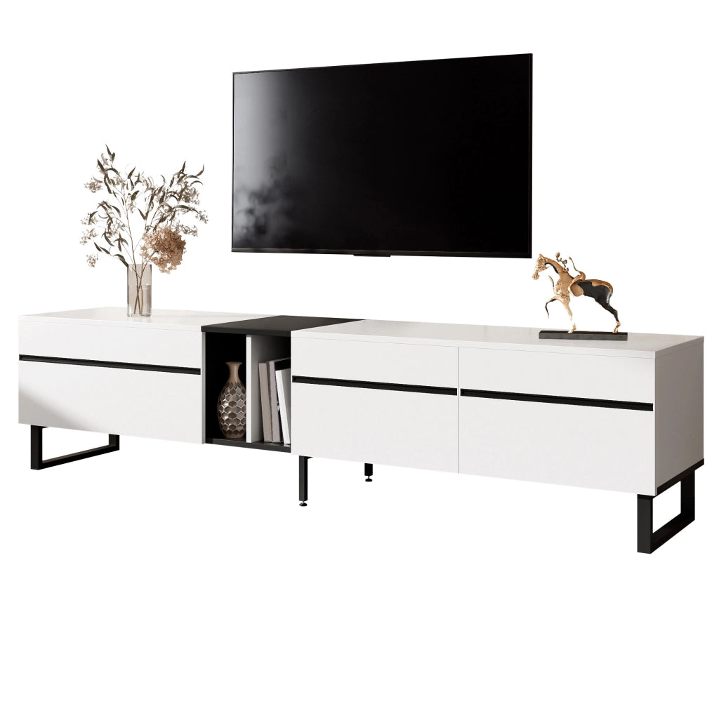 Mobile TV 180x38x45 cm con vano a ribalta; vano aperto e 2 ante in truciolare bianco