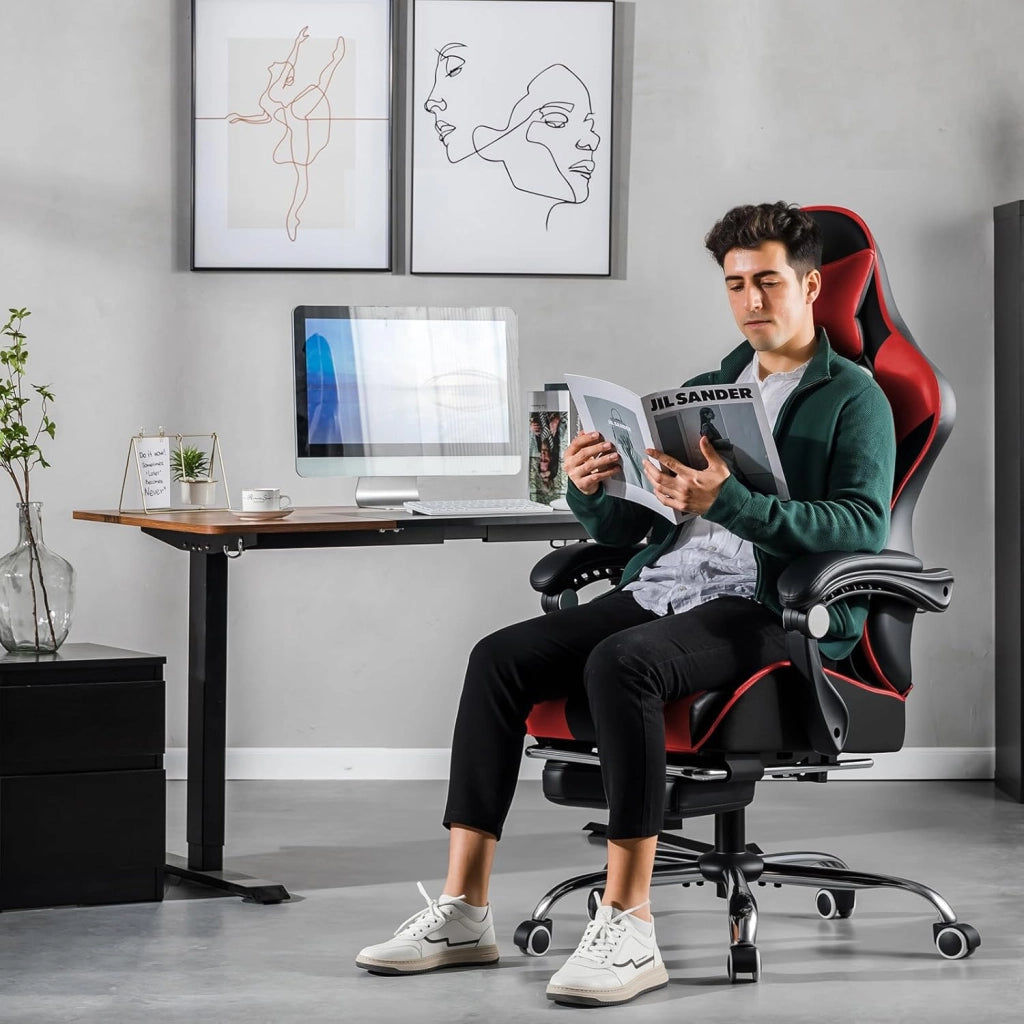 Sedia da gioco, sedia da ufficio, sedia ergonomica per PC, poltrona da gioco con supporto per massaggi, sedie Task con poggiapiedi e poggiatesta, in ecopelle rossa
