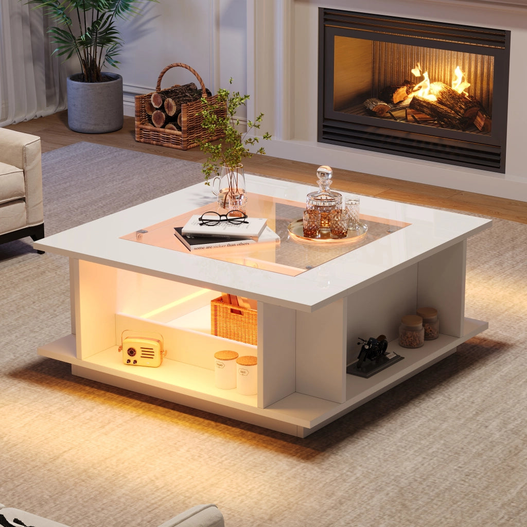 Tavolino da salotto quadrato 70¡Á70¡Á30 cm bianco con piano in vetro, finitura lucida, illuminazione LED e contenitore