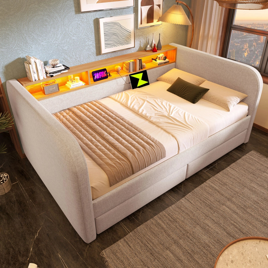 Letto Contenitore 140x190 cm; Letto Singolo con 2 Cassetti; USB e Type-C; In Lino; Beige