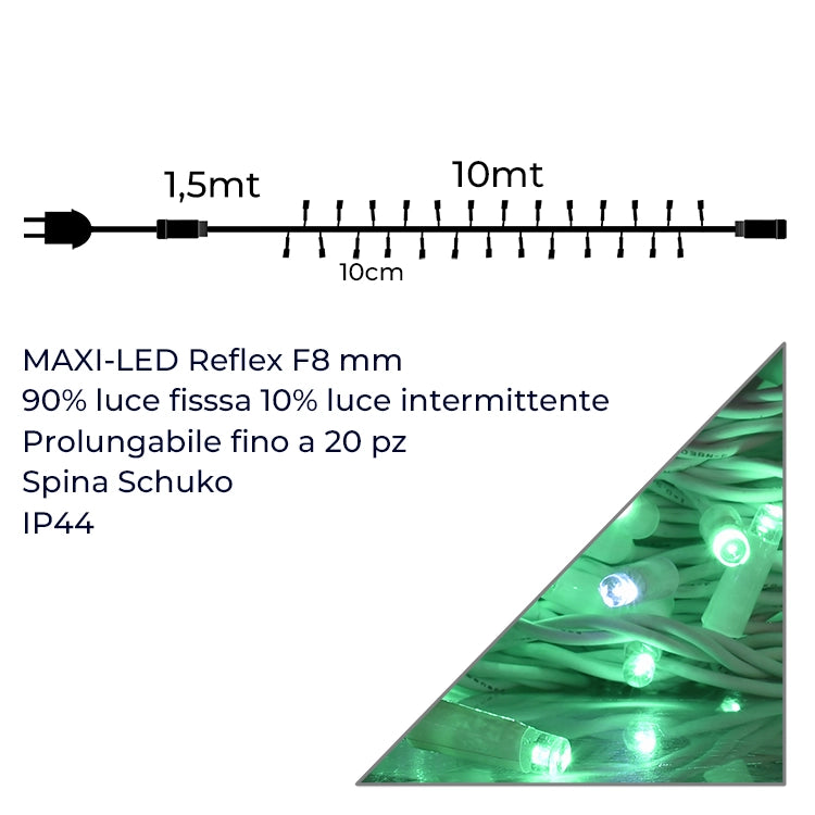 CATENA LUMINOSA PROFESSIONALE 100 MAXI-LED F8 CAVO BIANCO LUCE VERDE FISSA E BIANCA INTERMITTENTE - IDEALE PER DECORAZIONI FESTIVE ED EVENTI SPECIALI