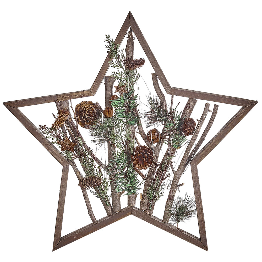 Figura decorativa legno stella di natale LED 46 cm con pigne legno scuro design rustico boho