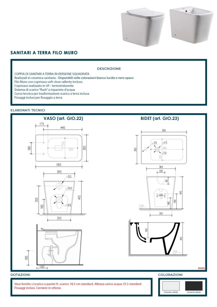 Coppia di sanitari wc e bidet a terra ceramica SICENA SQUARED