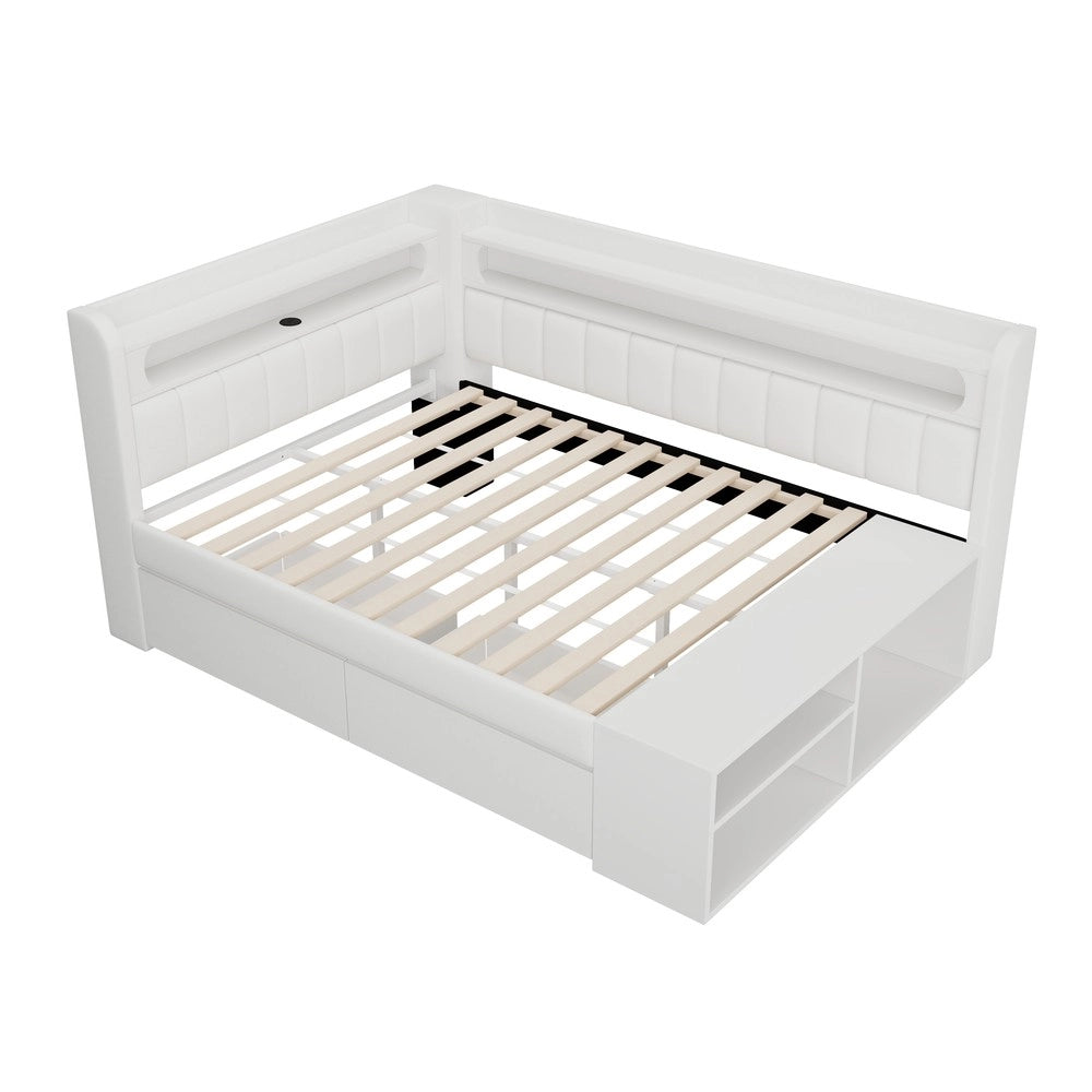 Letto Singolo Imbottito con Contenitore, USB, LED e Scarpiera ¨C Xylo ¨C Bianco 90x200