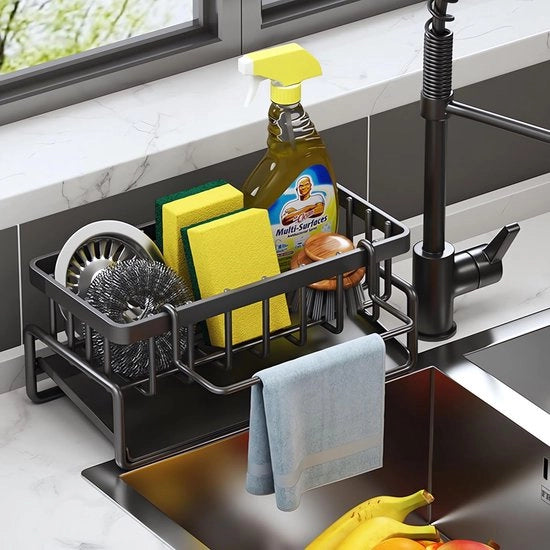 Organizzatore per cucina, accessori per cucina, spazzolino per superfici, organizzatore e asciugacapelli, supporto per asciugacapelli, nero.