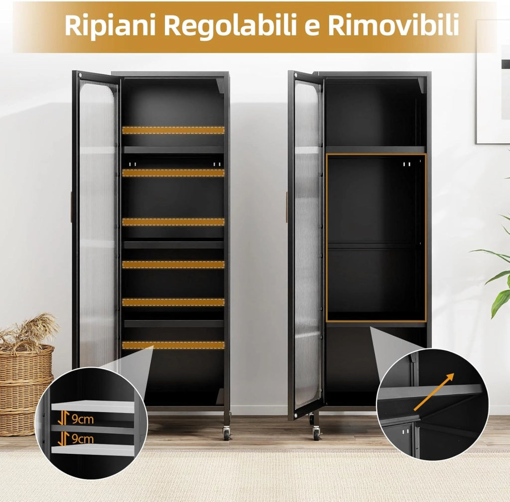Mobile da Cucina in Metallo a 5 Ripiani, Credenza Salvaspazio con Mensole Regolabili 4 Ruote, Base Intercambiabile e Porta Semitrasparente, Organizzatore per Sala da Pranzo, Soggiorno (Nero)