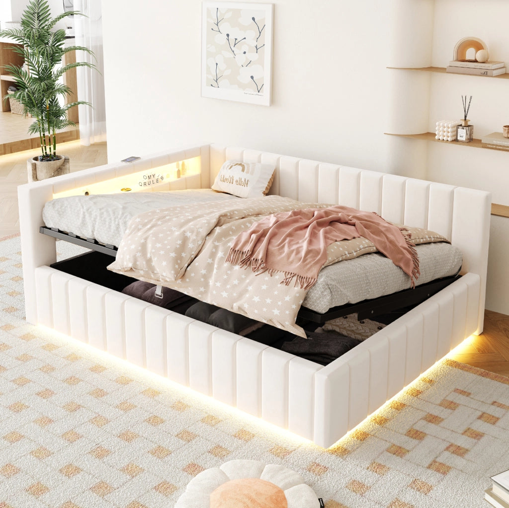 Letto matrimoniale imbottito 140x200 cm con vano, LED e USB