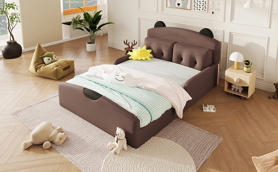 Letto per bambini 140 × 200 cm con testiera imbottita a forma di orso e 2 cuscini, senza materasso, in lino, caffè