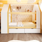 Letto a casetta 90x200 cm con LED e 2 cassetti in legno bianco