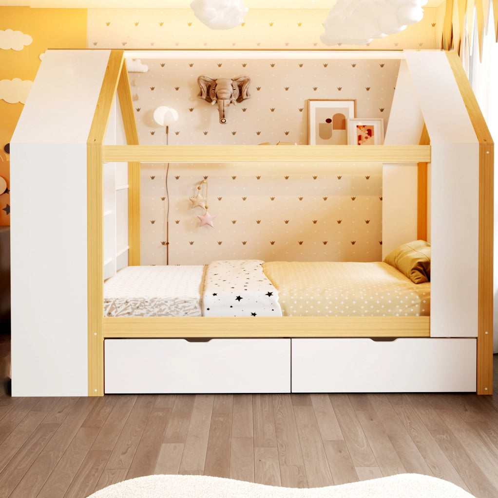 Letto a casetta 90x200 cm con LED e 2 cassetti in legno bianco