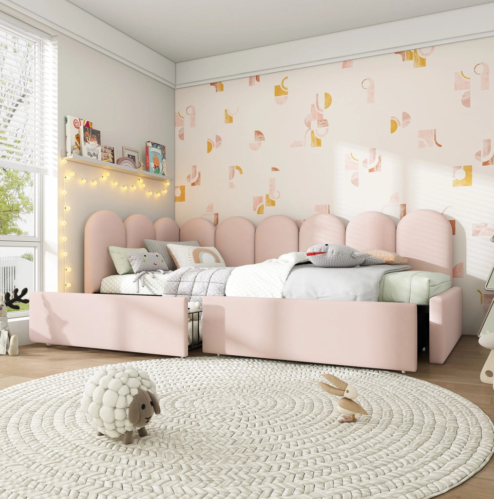 Letto singolo 90x190 cm con 2 cassetti; velluto rosa