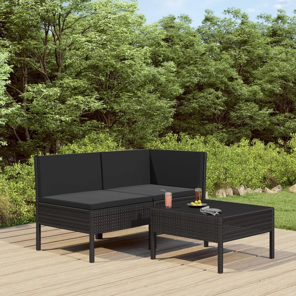 Set Divani da Giardino 3 pz | Set Salotto da Giardino con Cuscini in Polyrattan Nero