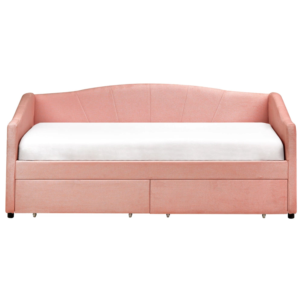 Lettino da giorno Rosa EU Dimensione singola Poliestere Imbottitura a doghe Telaio in legno di eucalipto Cassetti in compensato Camera da letto moderna